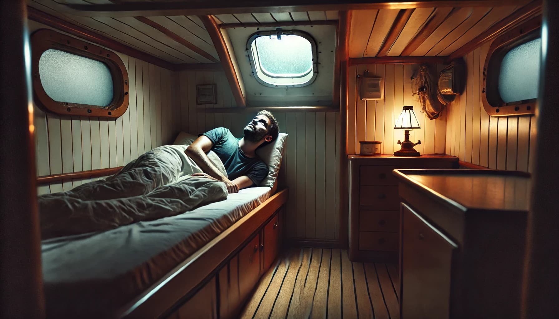 a man working in a seafarer job lying awake in his cabin