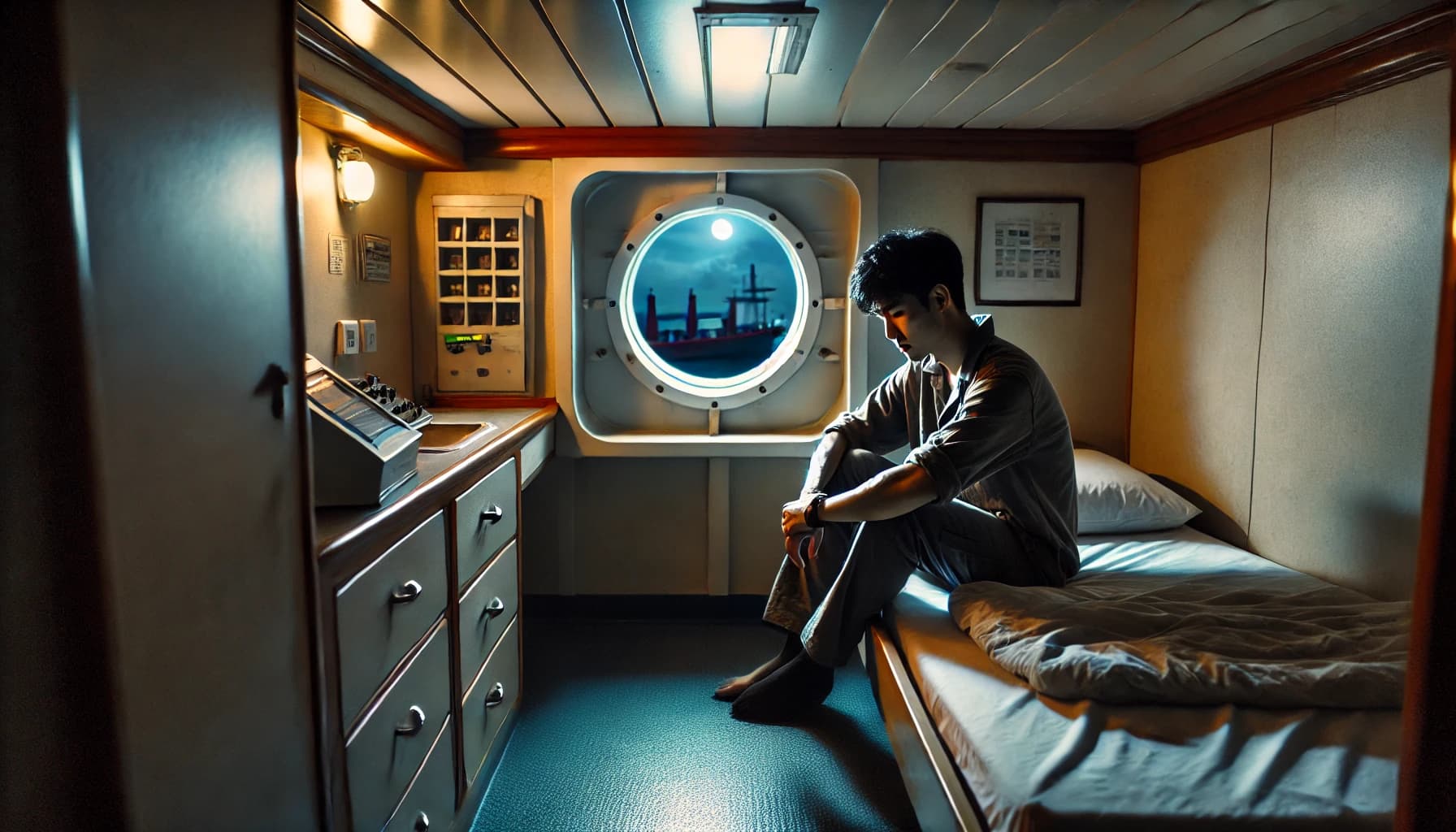 a seafarer with insomnia in his cabin