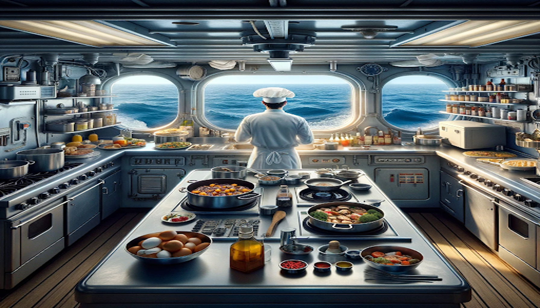 a ship's cook in their galley at sea