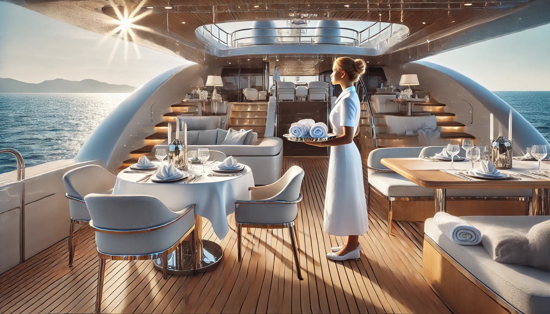 a stewardess waiting tables on a super yacht