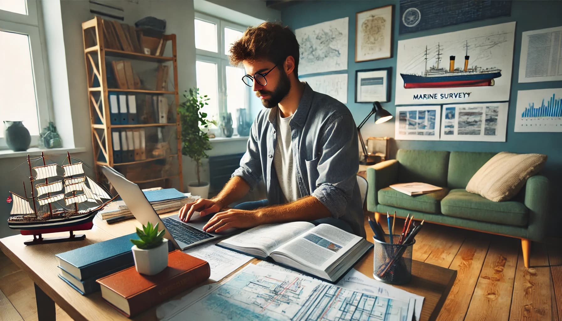 a man working in a maritime job studying with his laptop and manuals