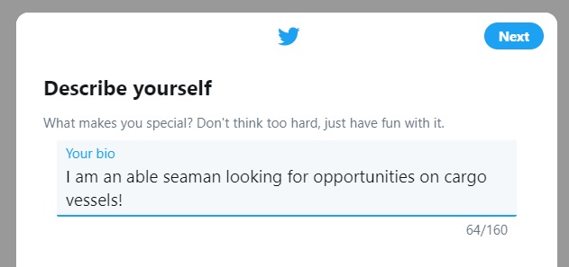 Screenshot of Twitter showing the user is a seafarer looking for jobs on cargo ships