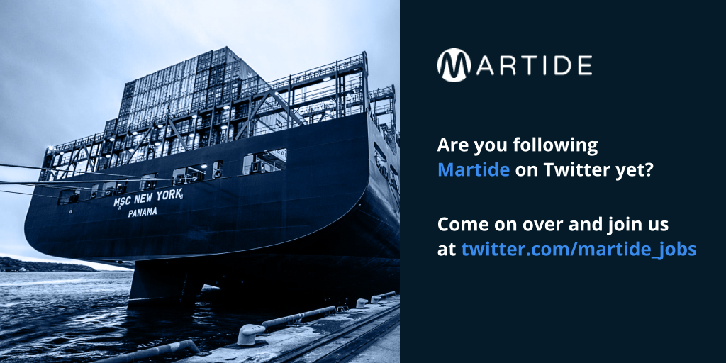 A container ship and text telling people to follow Martide on Twitter to see our jobs at sea