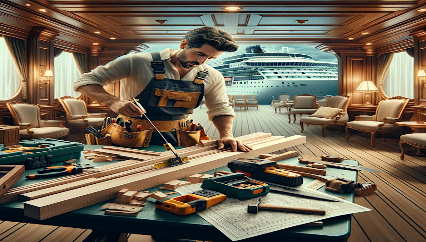 a man working in a ship's carpenter job on a cruise ship