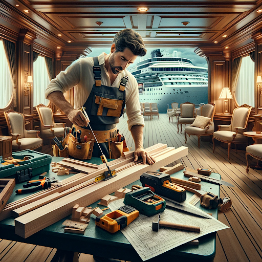AI generated image of a man working in a ship's carpenter job on a cruise ship