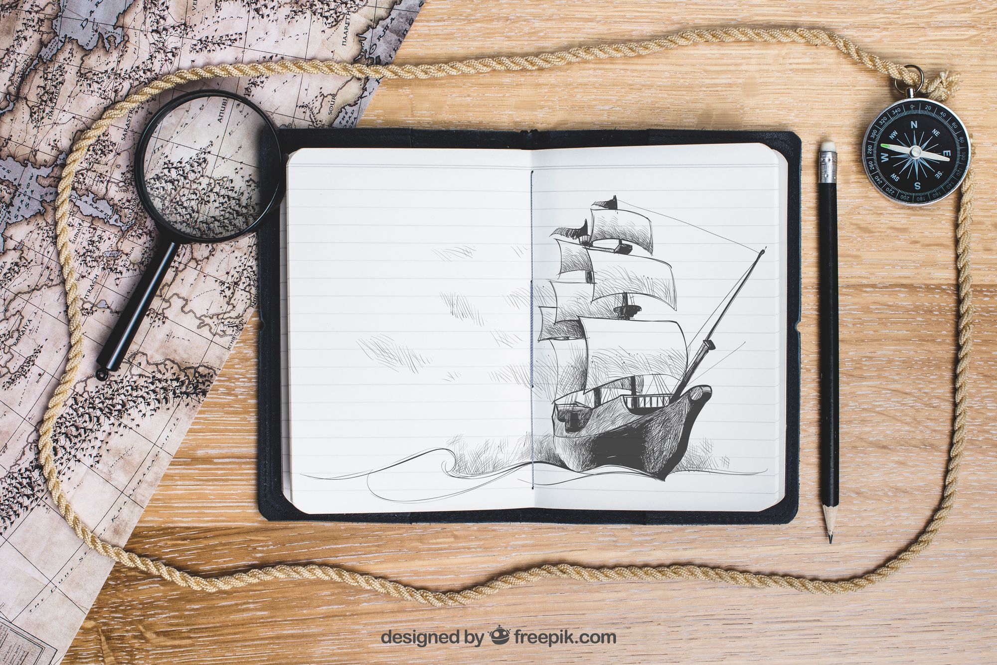 drawing of a galleon in a sketch book