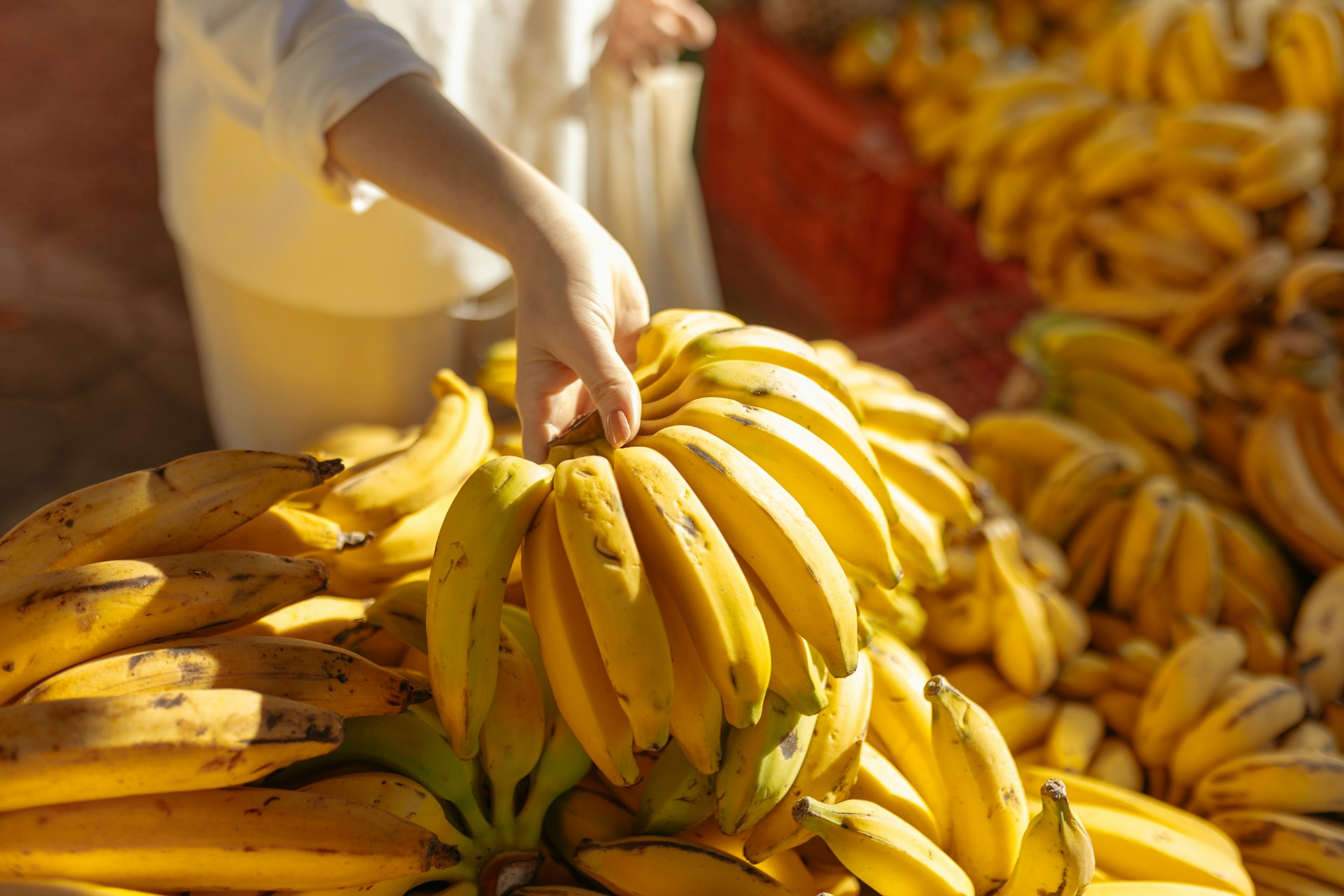 a woman holding a bunch of bananas