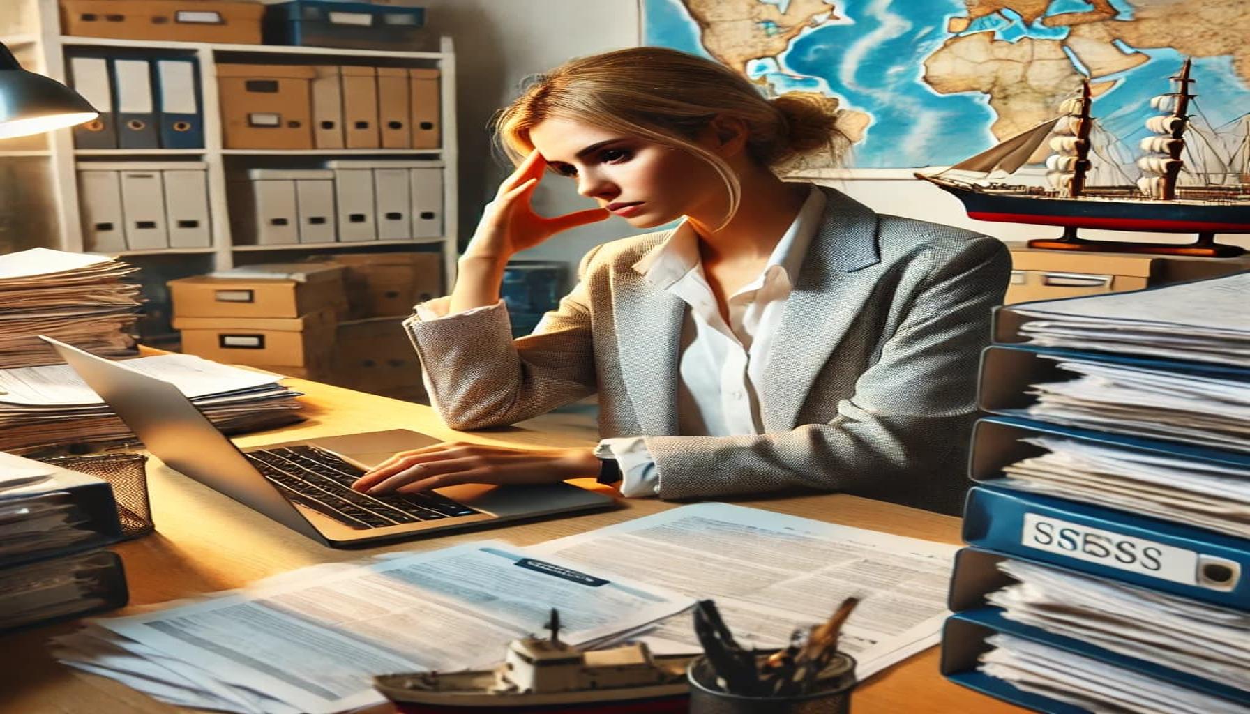 stressed woman in shipping company using laptop surrounded by paperwork 