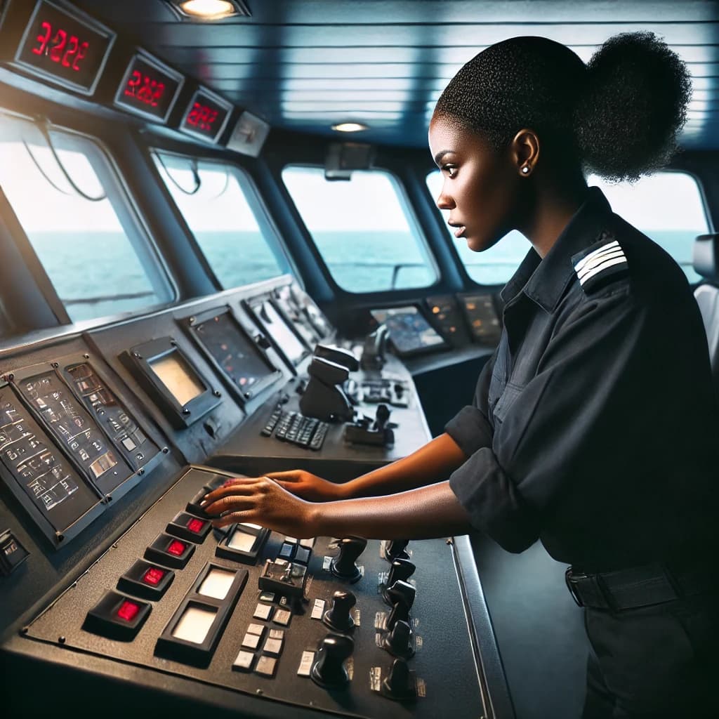 a young female seafarer working in a maritime job and using the controls on the bridge 