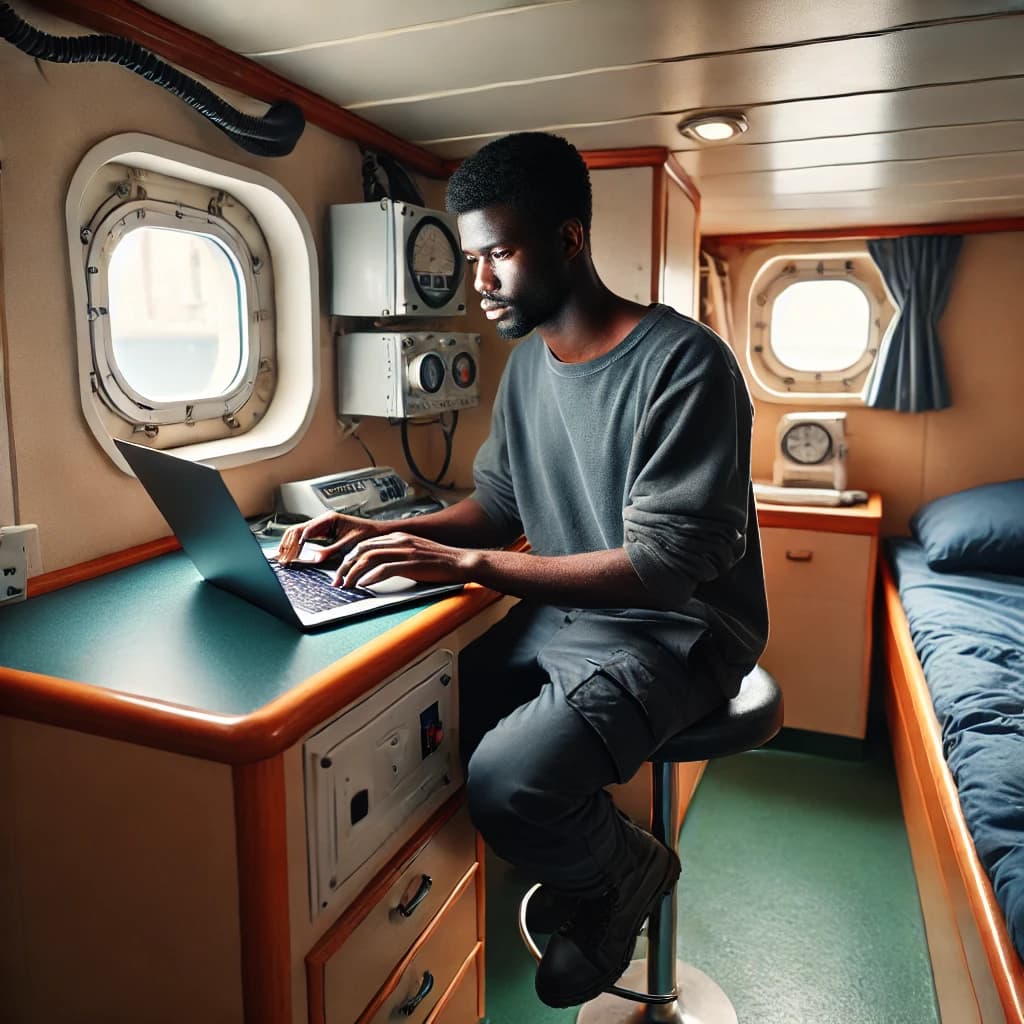 a seafarer in his cabin using his laptop to study for his maritime job