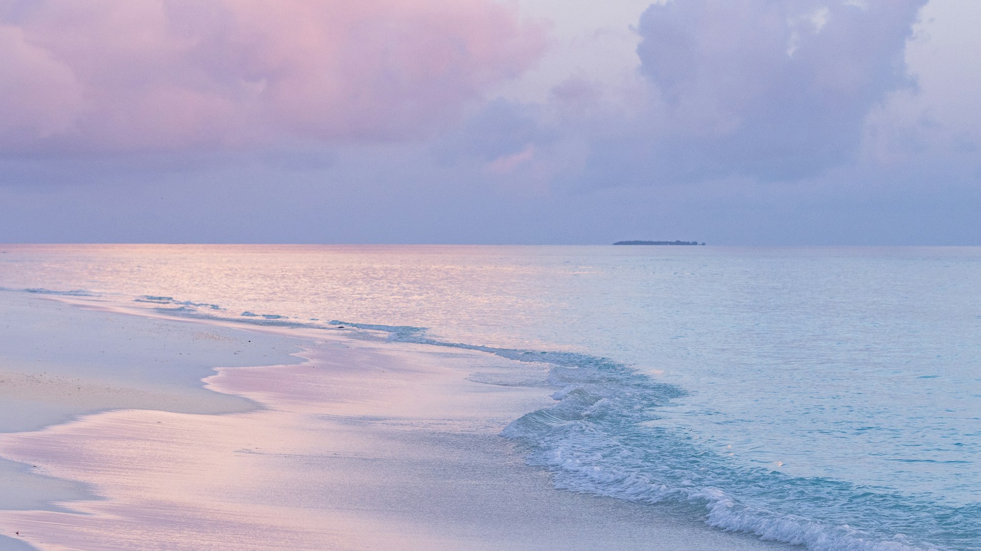 an ocean reflecting the pink and blue sky above