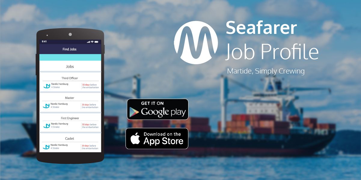 Advert for Martide's maritime jobs website showing a smartphone with seafarer jobs on the screen and text inviting users to create an online seafarer resume
