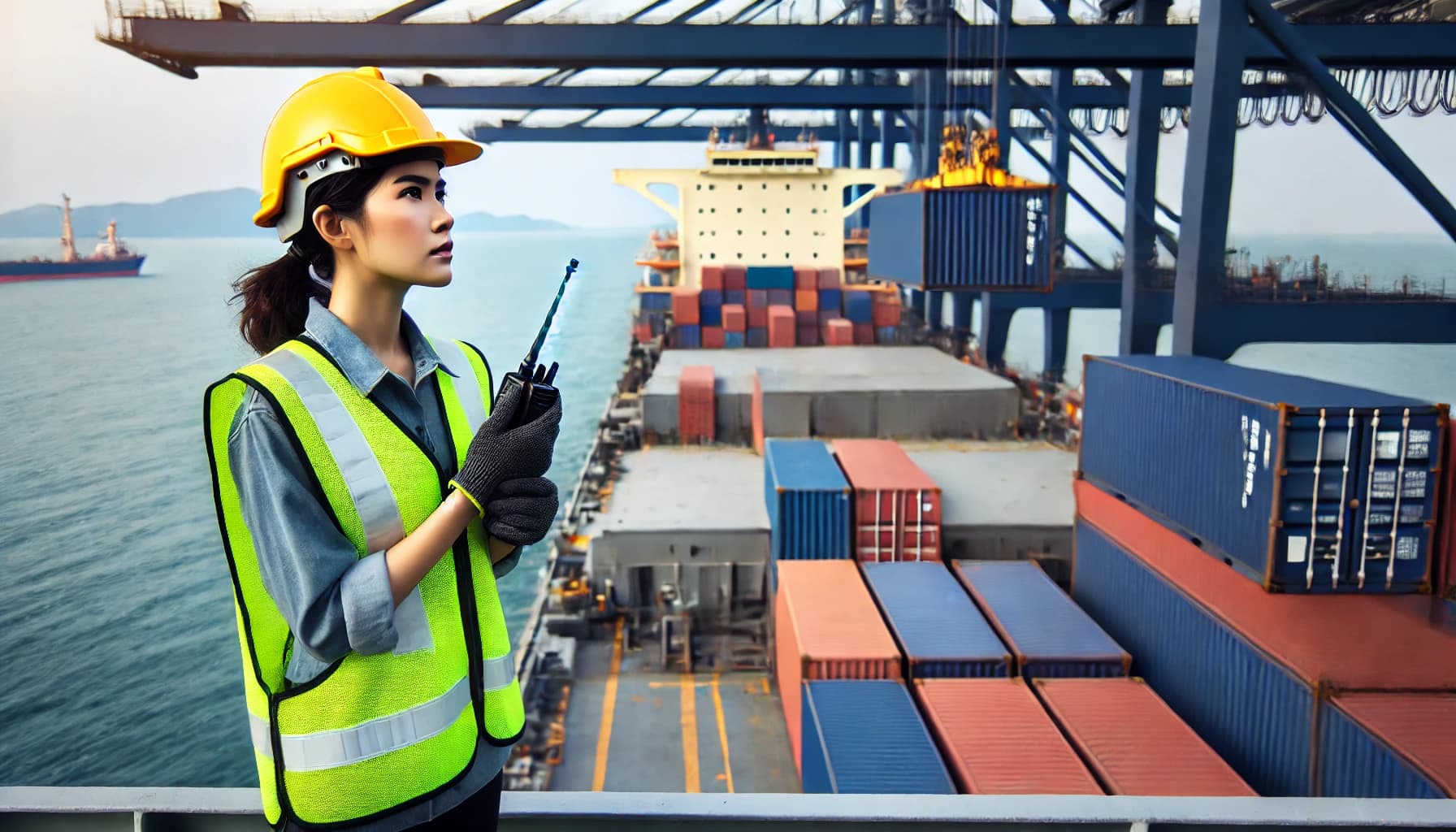 A female seafarer working in a maritime job on the deck of a cargo ship 