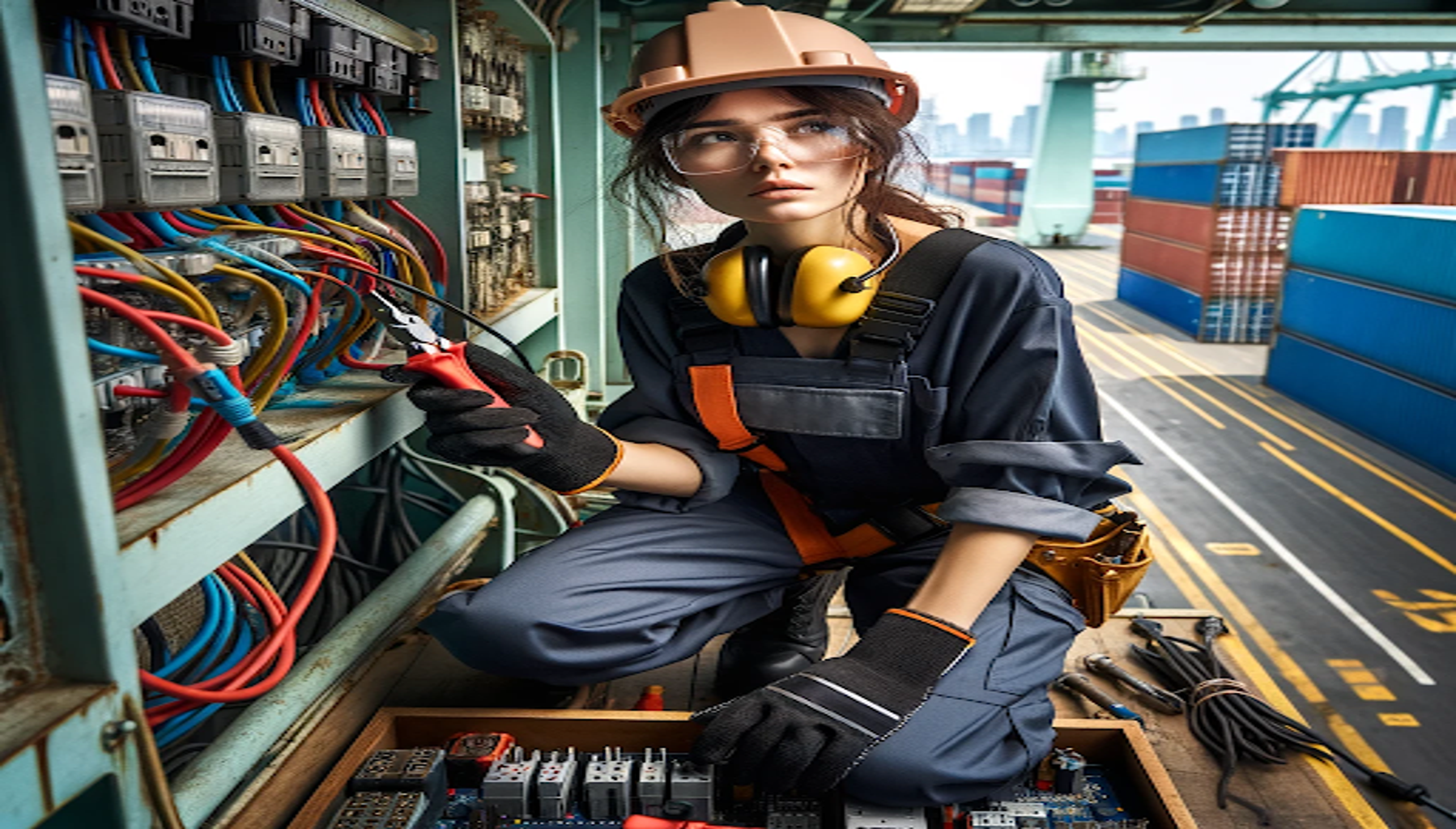 a female electrician working in a maritime job