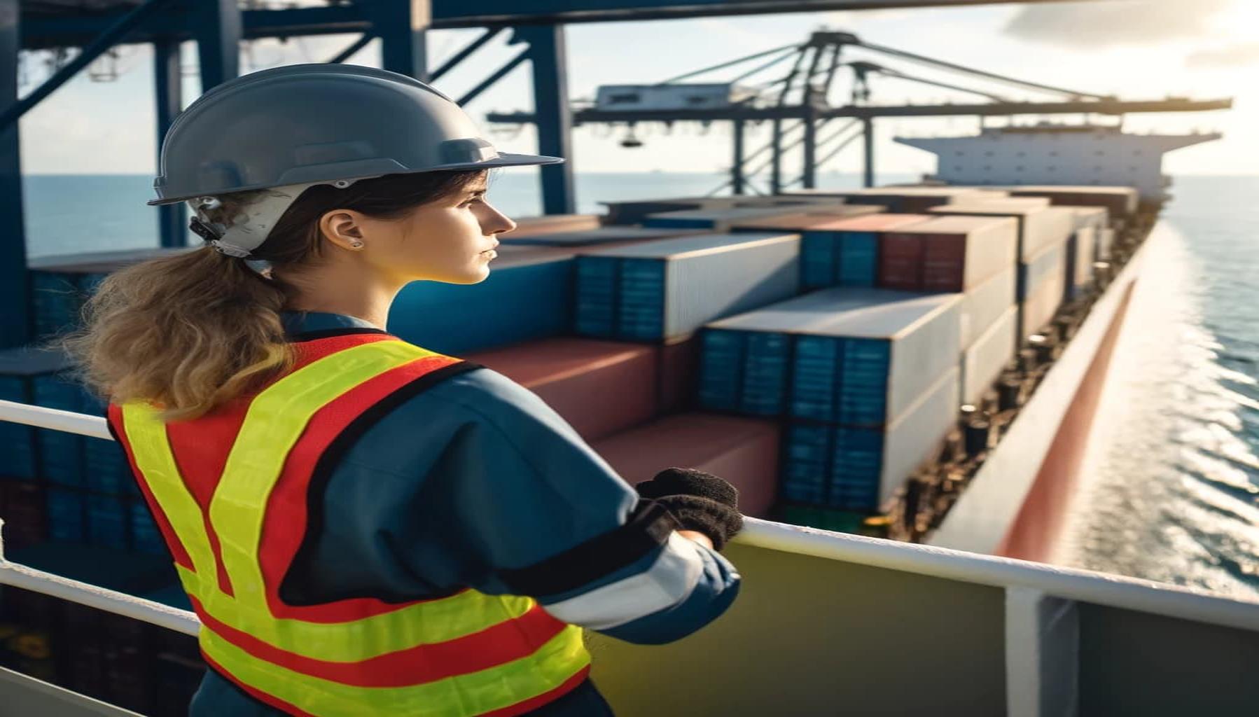 a female seafarer working in a maritime job standing on the deck of a cargo ship