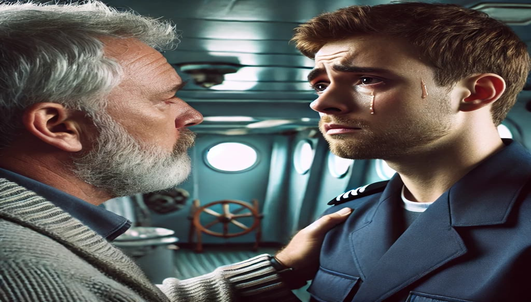 a sad seafarer being comforted by his superior