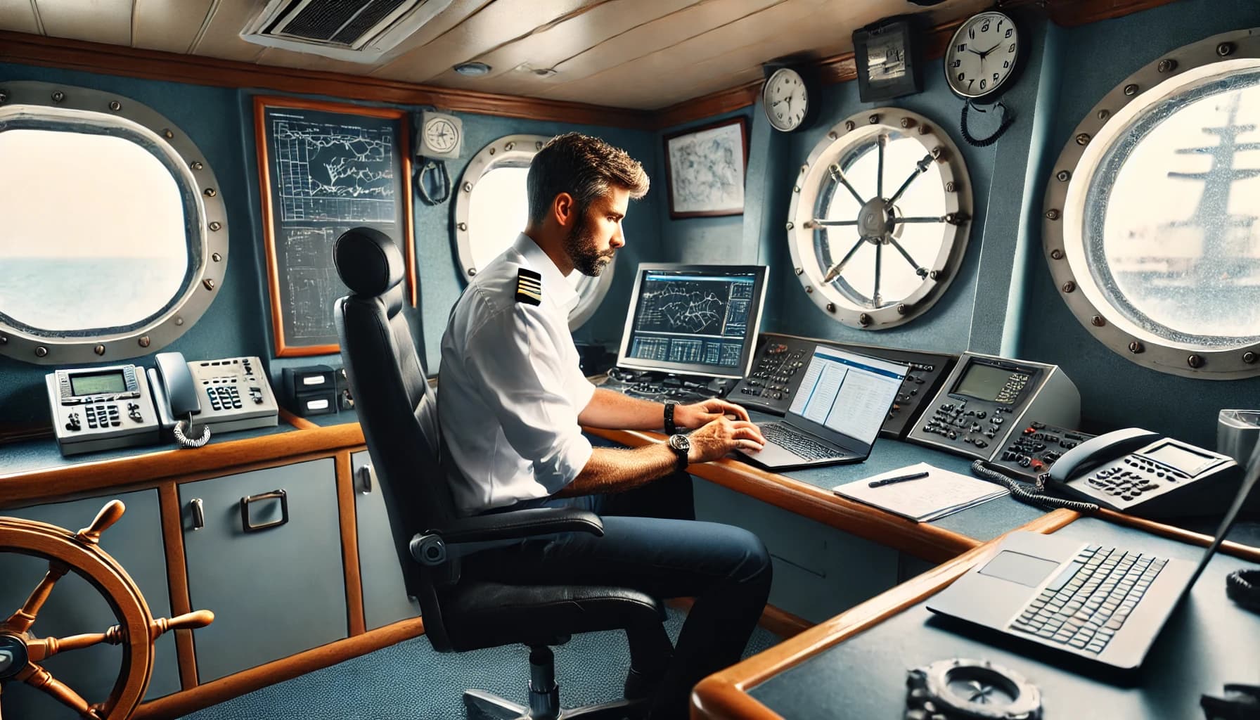 the master of a ship using his laptop on the bridge of a ship