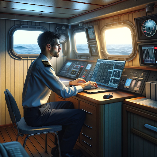 AI generated image of a man working in a seafarer job using a laptop 
