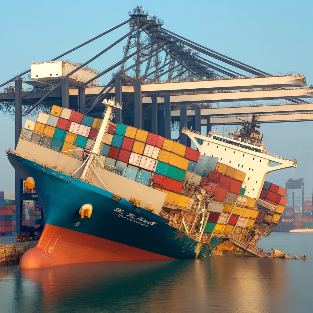 a crane falling onto a container ship at a port