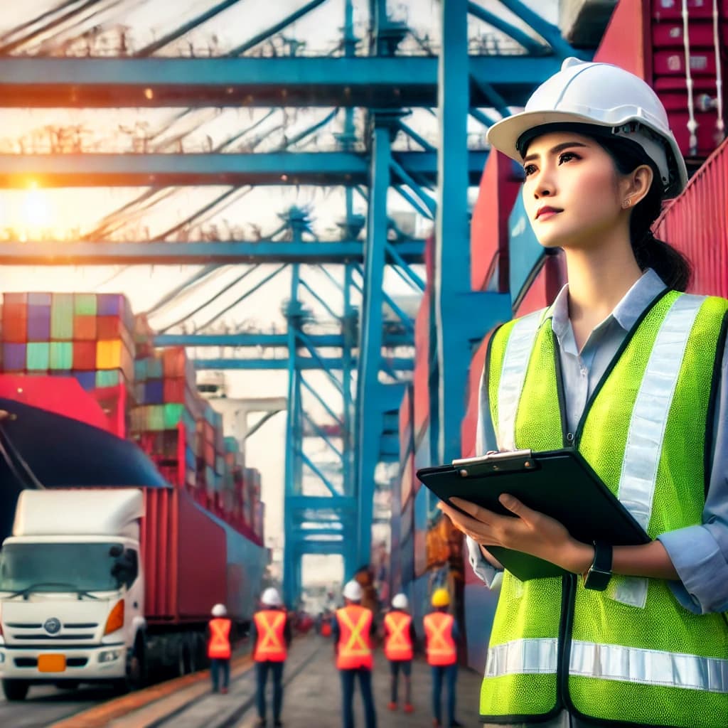 a woman working in a shore-based maritime job in a container terminal