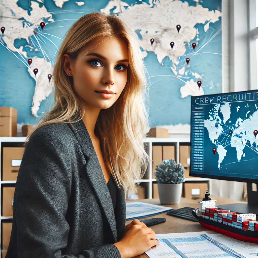 a woman working in a shore-based maritime job in an officer with a map on her PC screen 