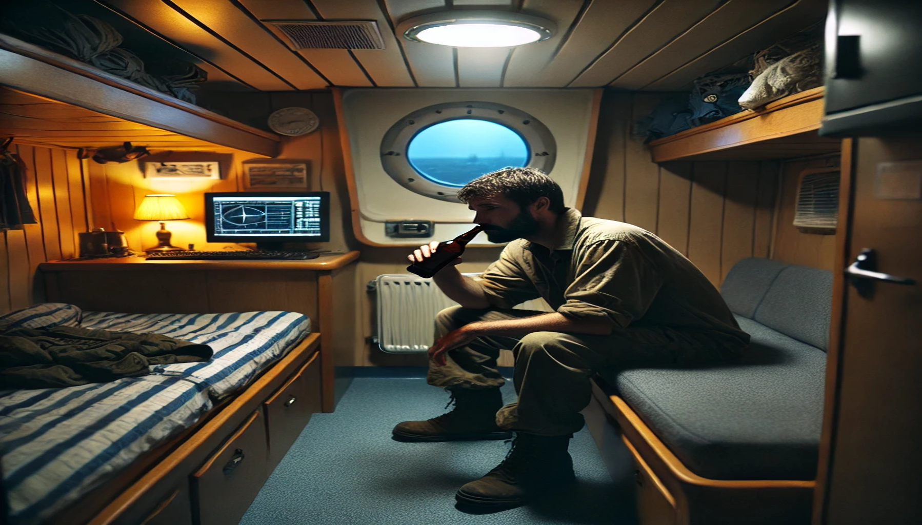 a seafarer working in a maritime job drinking a beer in his cabin