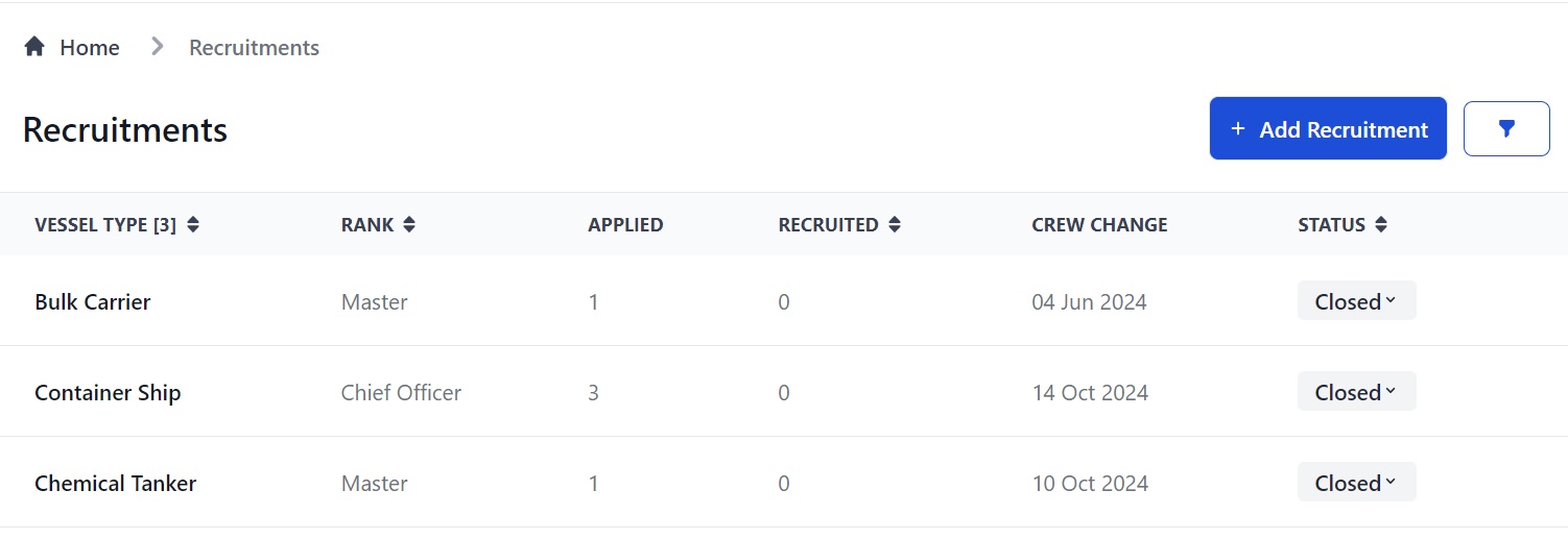 Screenshot of Martide's maritime recruitment and maritime crew management system software