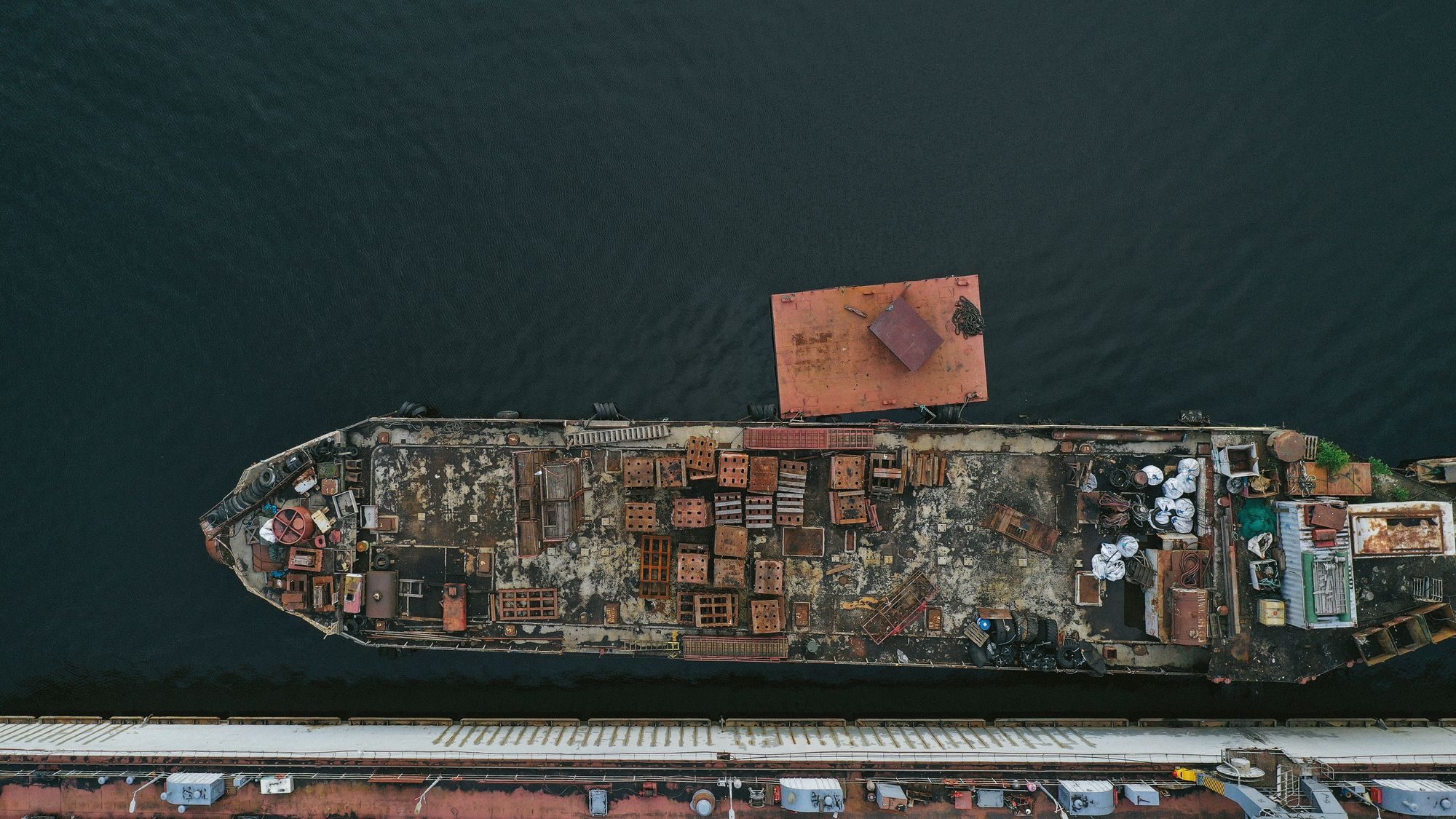aerial view of rusty ship