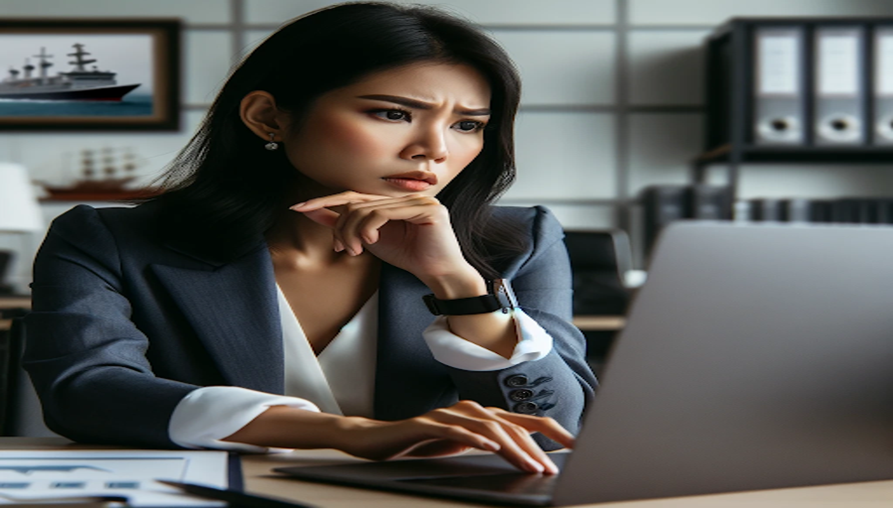 a woman working in maritime recruitment looking at her laptop in a slightly confused manner