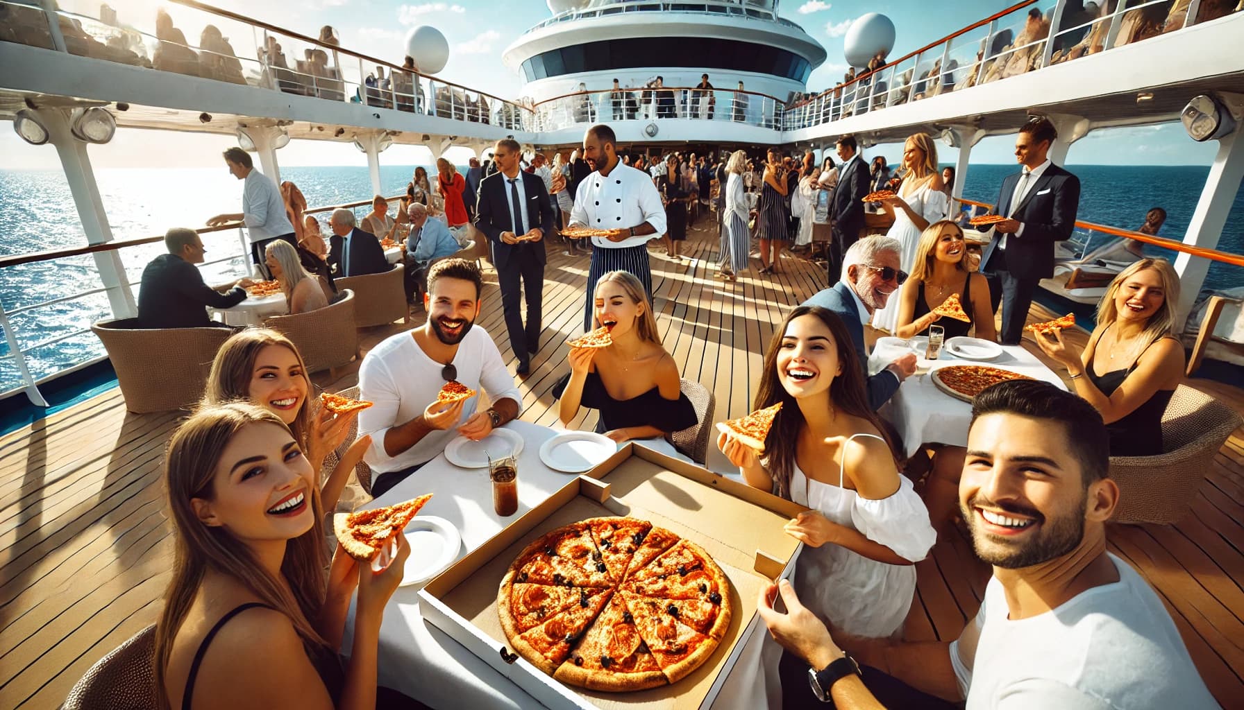 guests easting pizza on a cruise ship