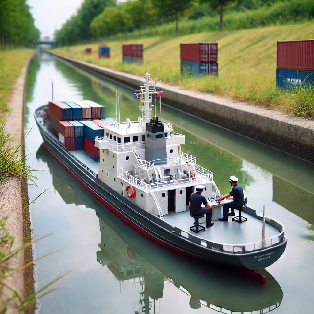 Two seafarers undertaking training in a mini container ship