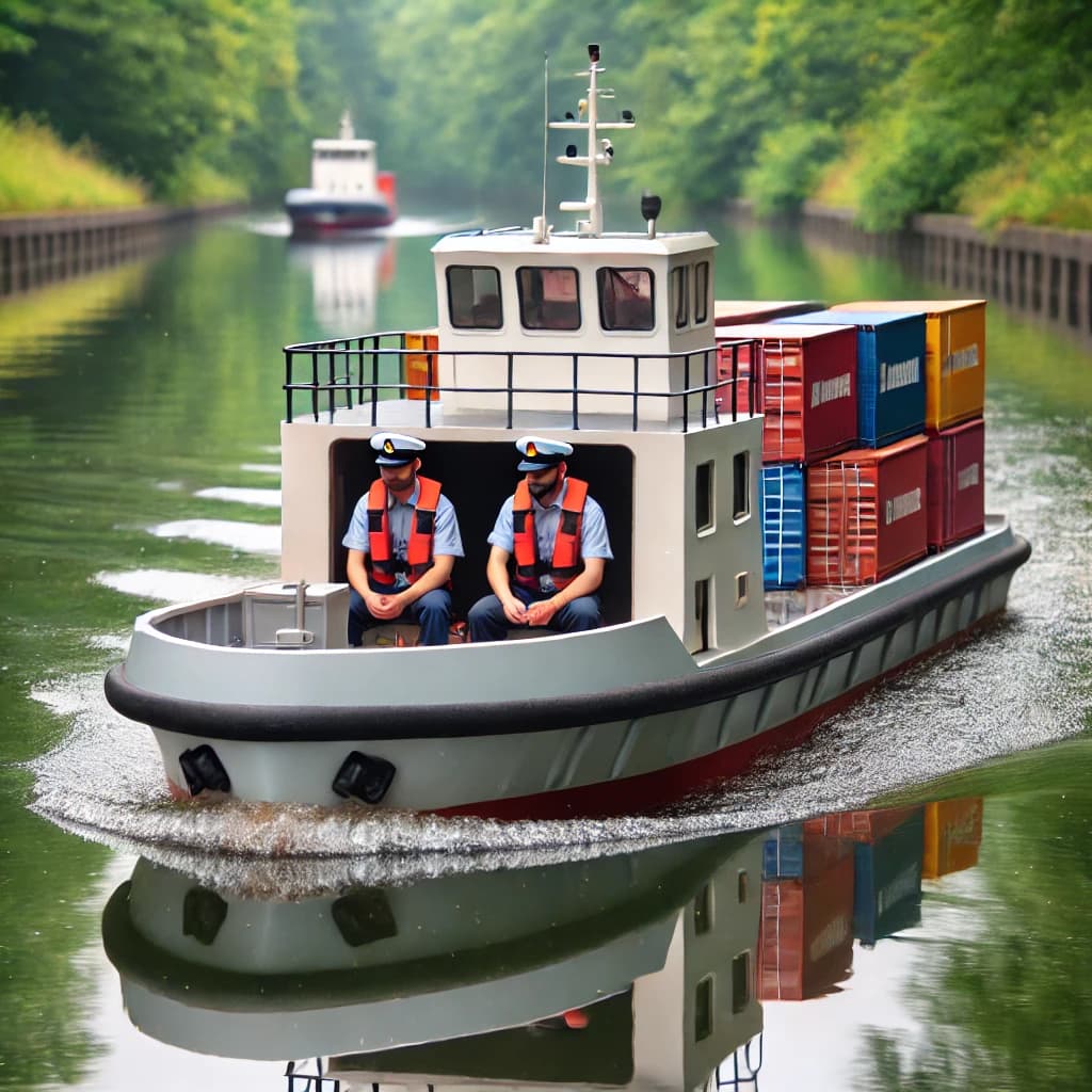 Two seafarers undertaking training in a mini container ship