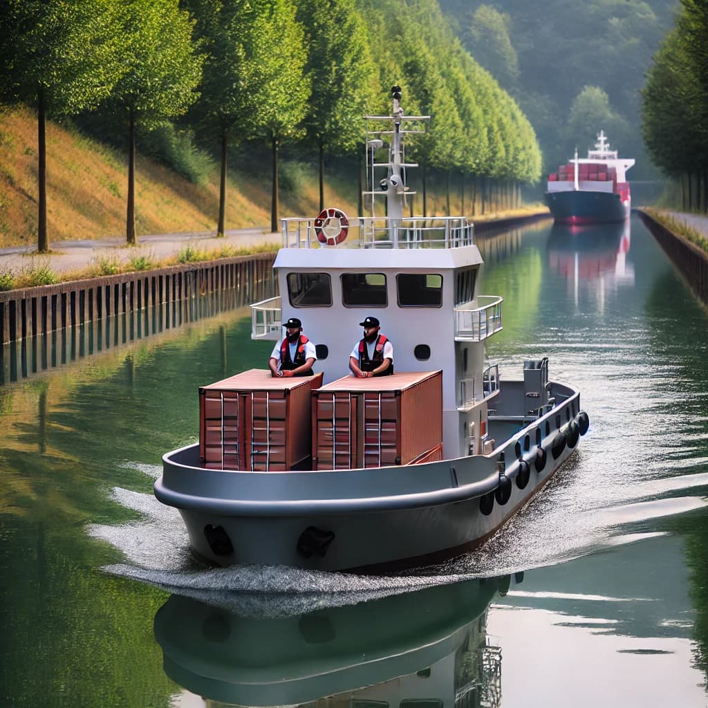 Two seafarers undertaking training in a mini container ship