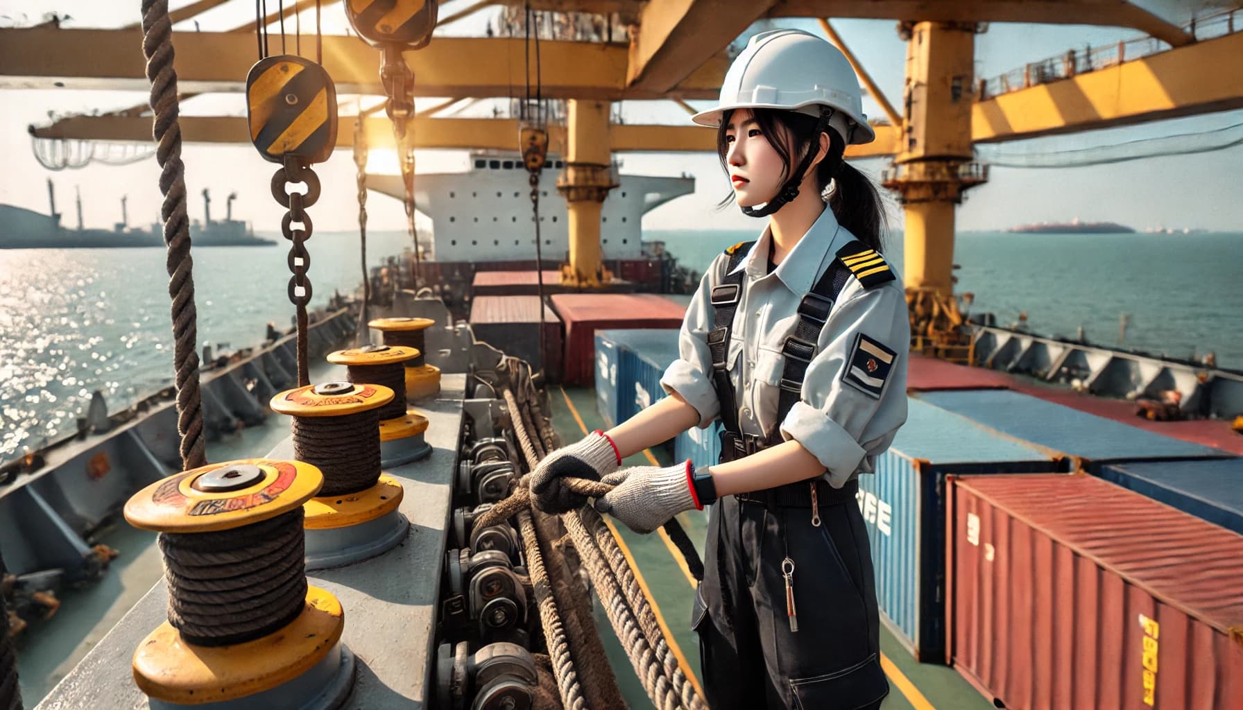 a female deck cadet working on a cargo ship