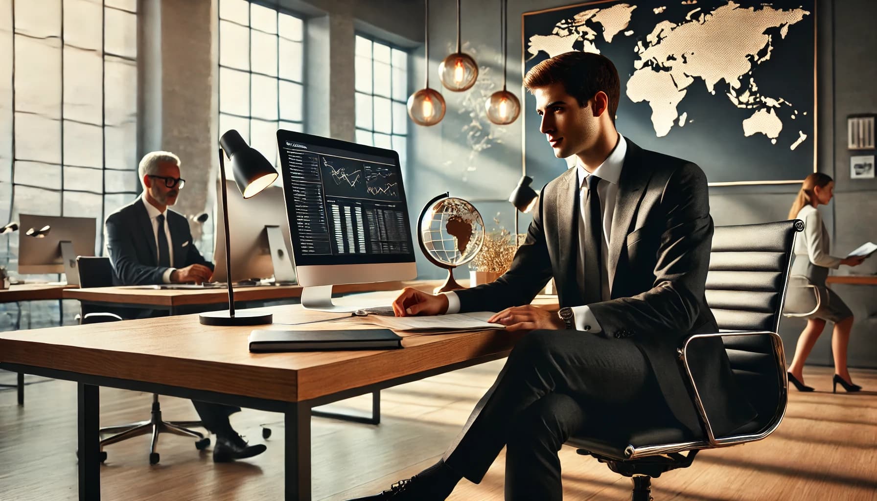 a man working in an office with a world map on the wall