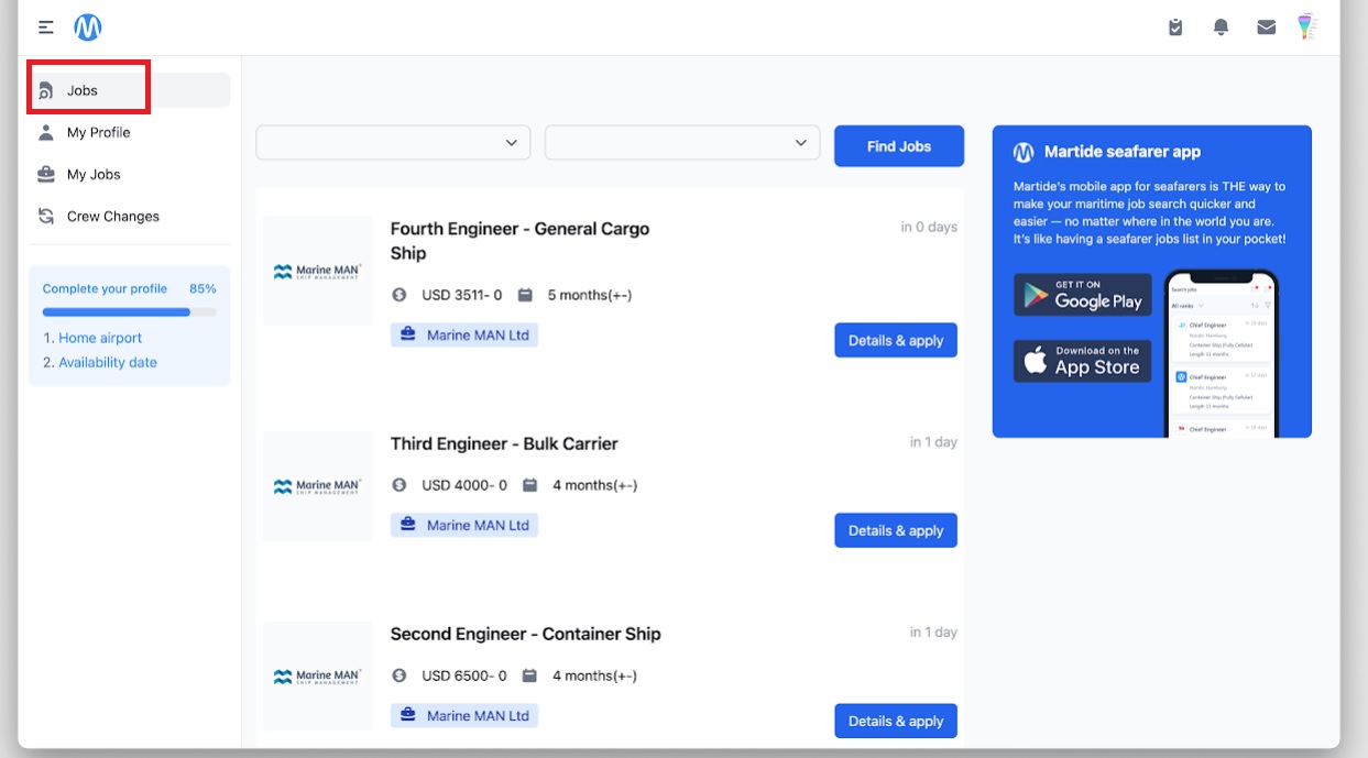 Screenshot of Martide's seafarer job board showing our maritime job vacancies