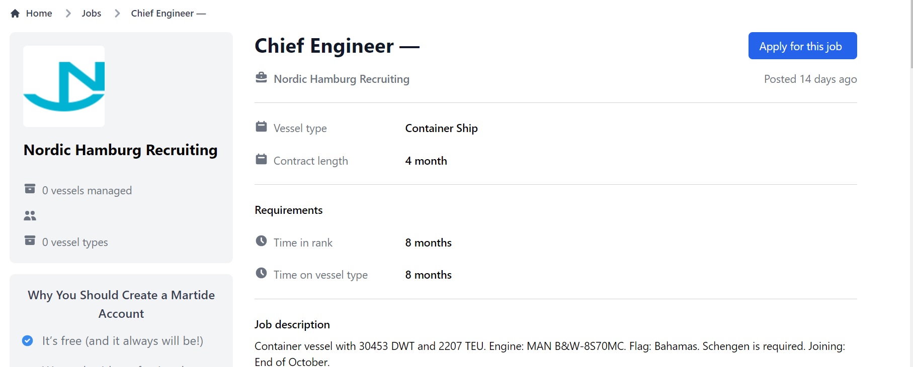 Screenshot of Martide's seafarer job board showing our maritime job vacancies