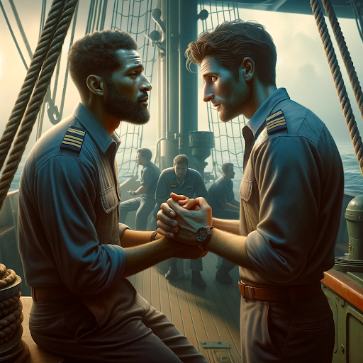 two seafarers clasping hands in earnest conversation