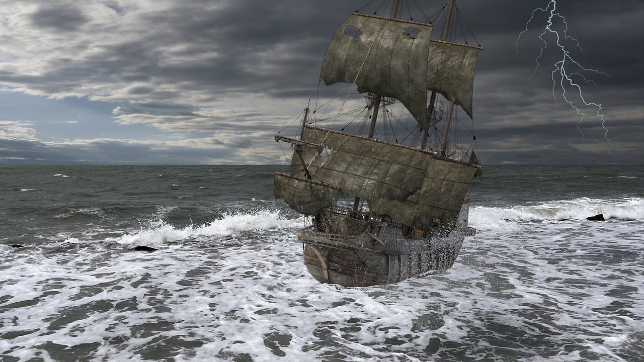 A ghost sailing ship in a storm