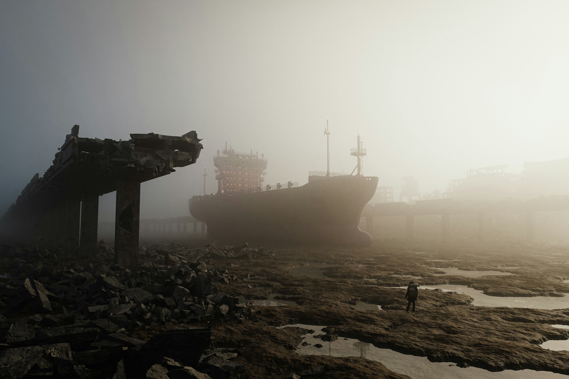 A ghostly cargo ship sailing past a broken wooden structure