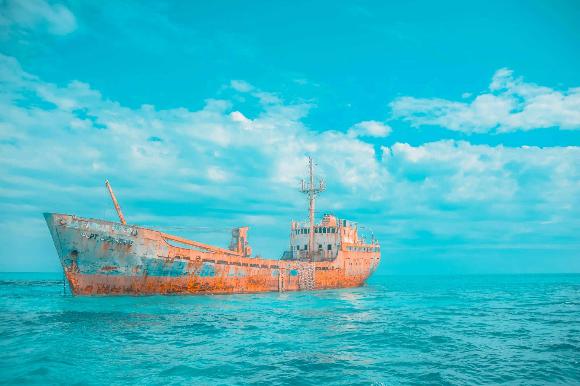 A ghostly abandoned tanker at sea