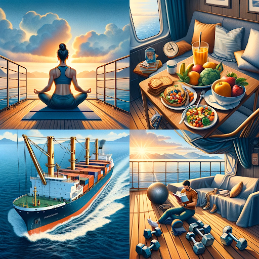 AI generated image showing how to stay physically and mentally well when  working in a job at sea