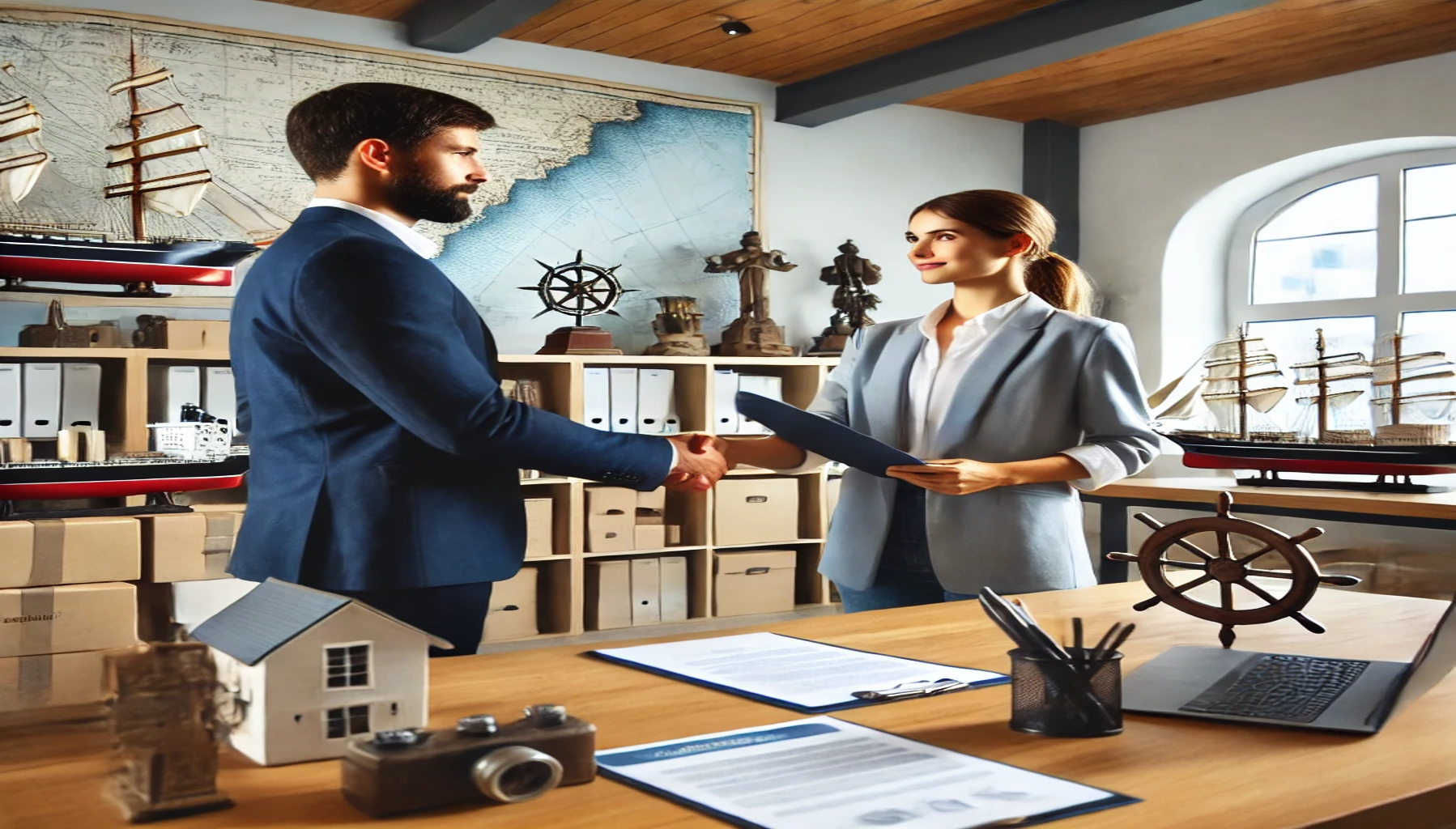 a man and woman in a shipping office shaking hands