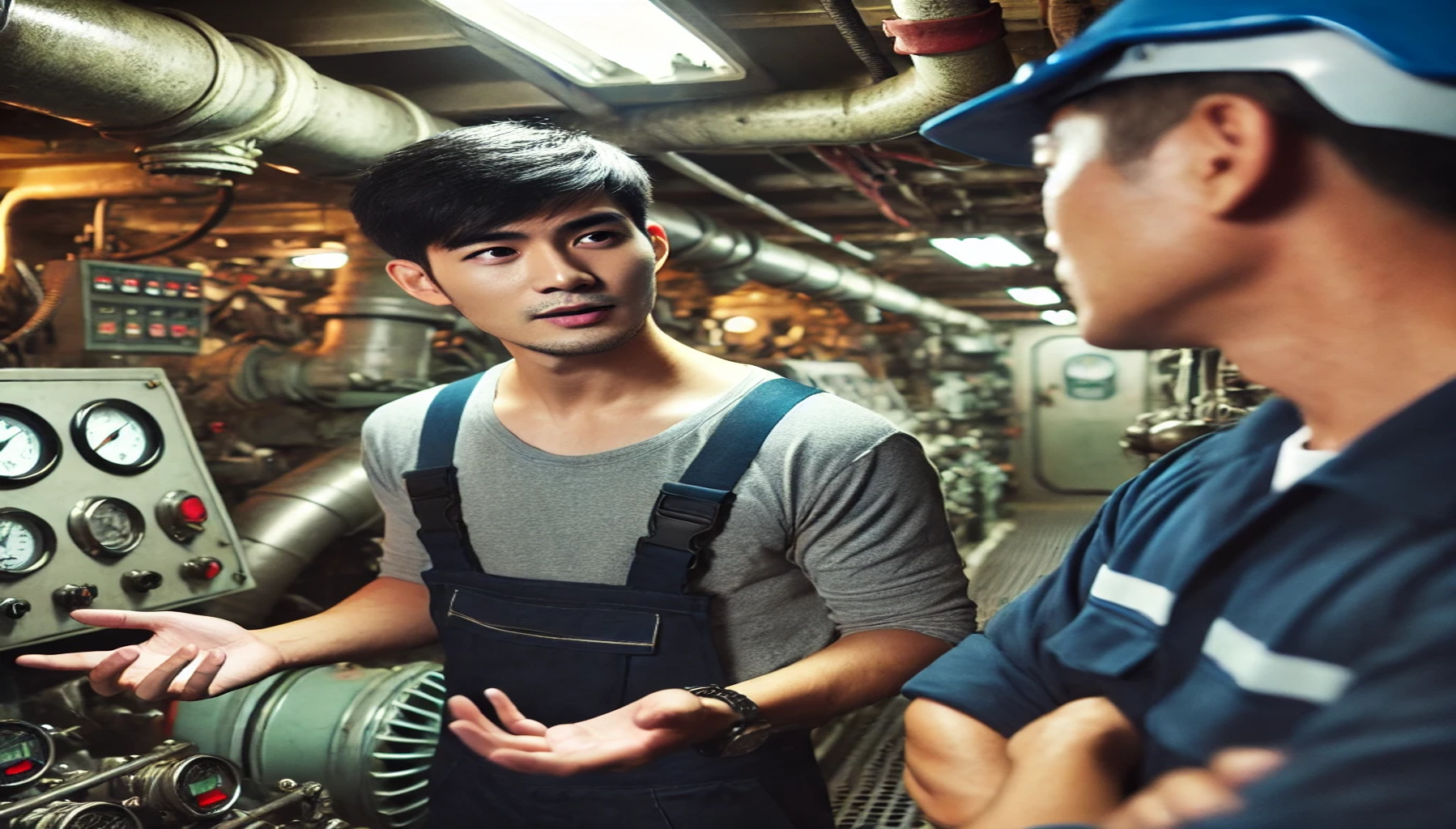 two men working in marine engineer jobs with one explaining something to the other