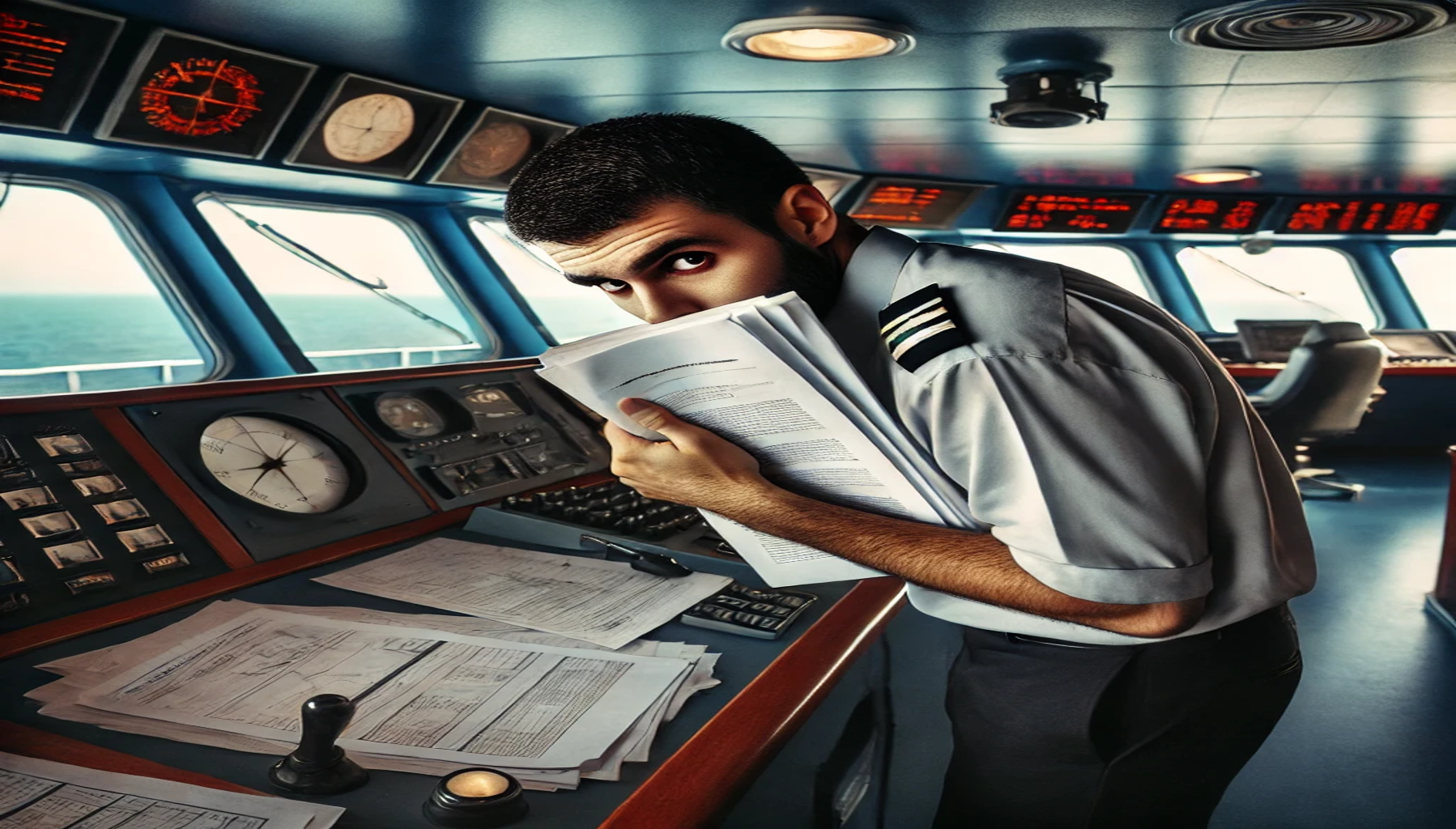 man working in a maritime job on the bridge of a ship, hiding behind some paperwork