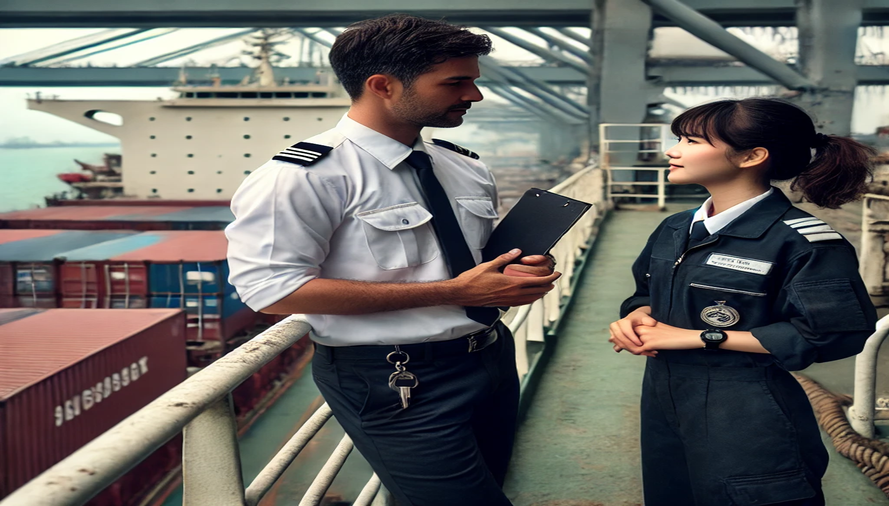 two ship's officers talking on the deck of a cargo ship