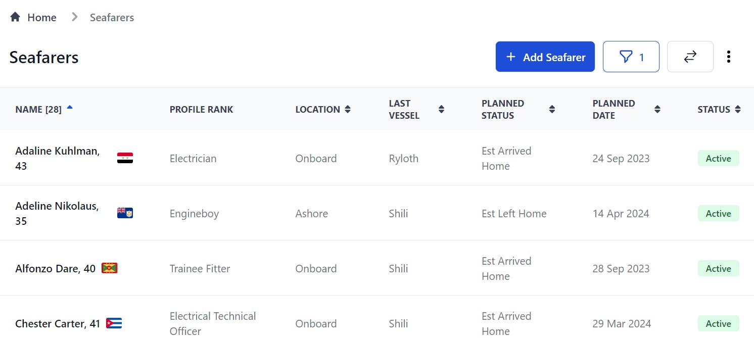 Screenshot of Martide's maritime crew management system showing the Seafarers page 