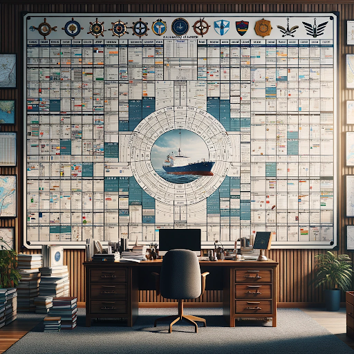 a large crew planning chart on the wall of an office