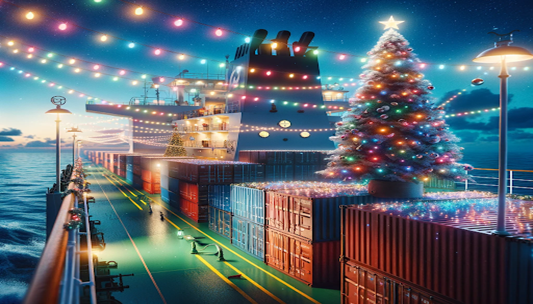 Christmas tree and lights on a container ship deck