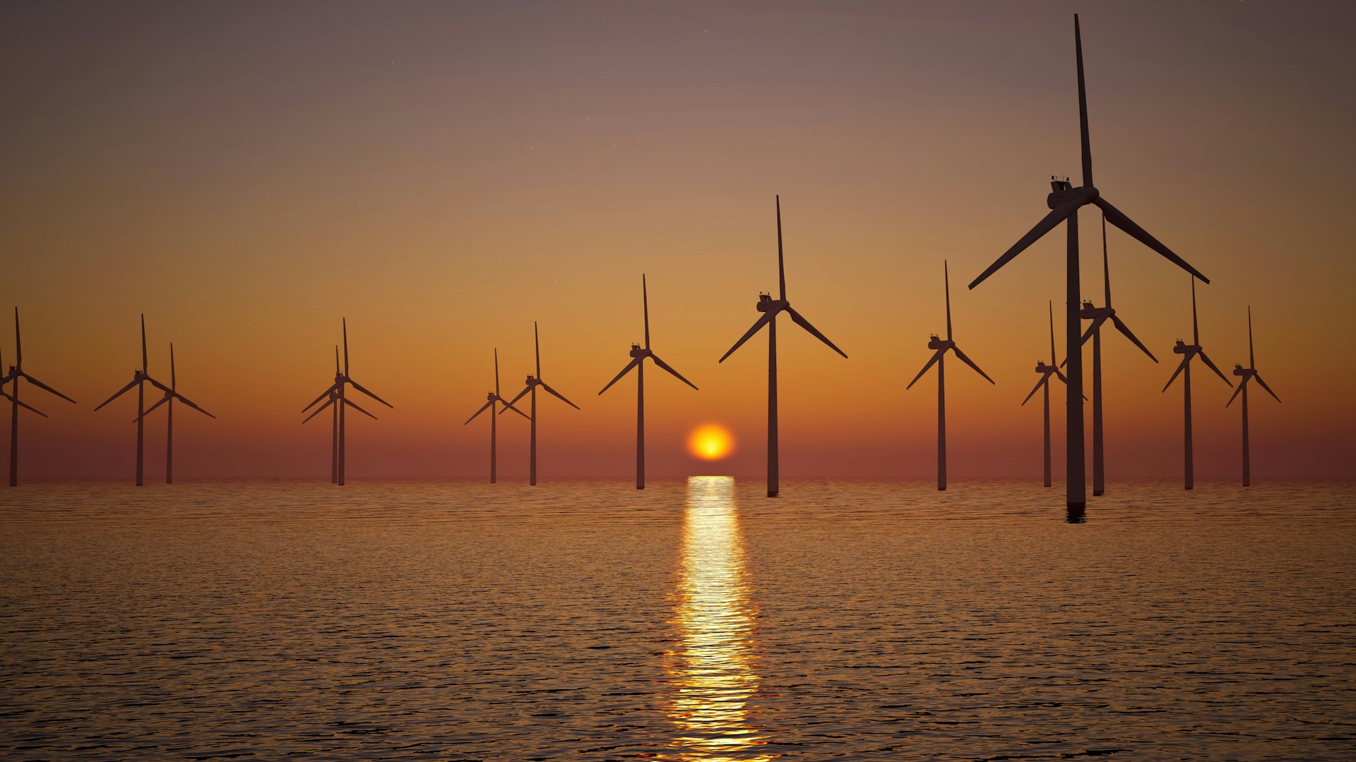 offshore windfarm at sunset